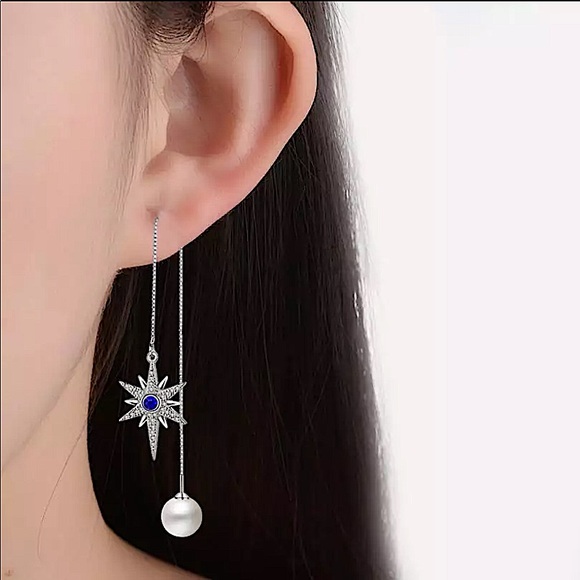 STERLING SILVER SWAROVSKI CRYSTAL STAR PEARL THREADER EARRINGS - Picture 4 of 4